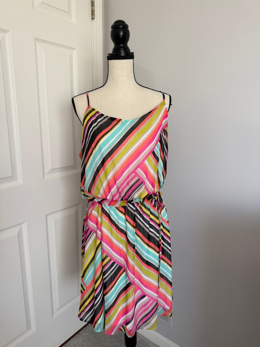 Tacera Pink, Turquoise, Yellow & Black Striped Mini Dress